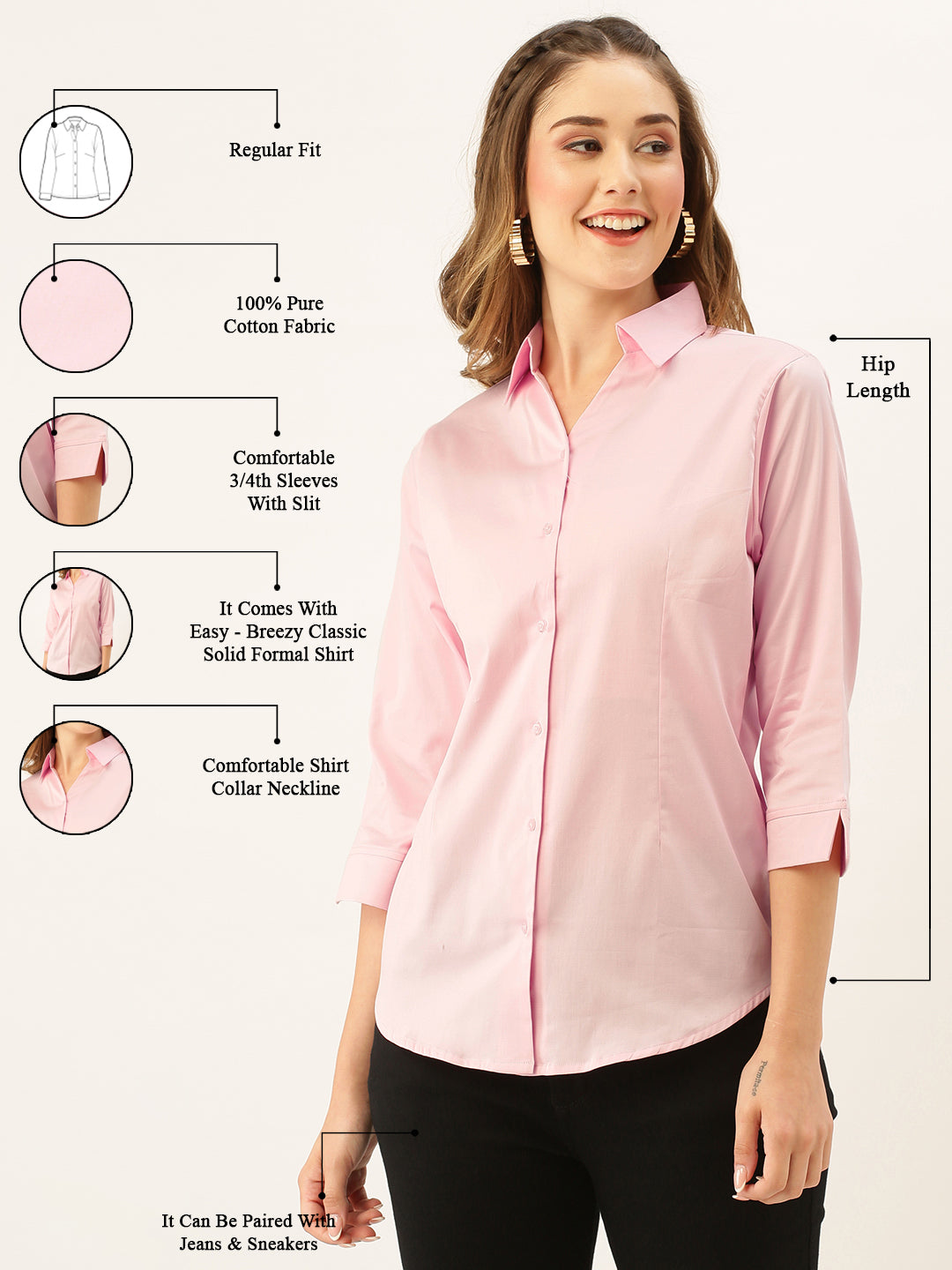 Pink Cotton Shirt Collar 3/4th Sleeves Formal Shirt for Women-Zola
