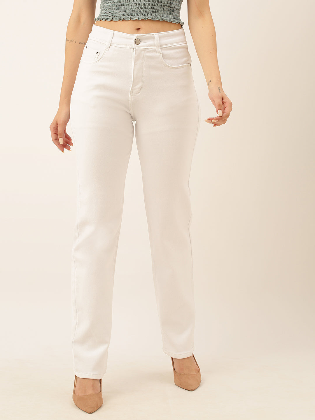 ZOLA Exclusive Denim High Waist Clean Look Stretchable White Straight Jeans For Women