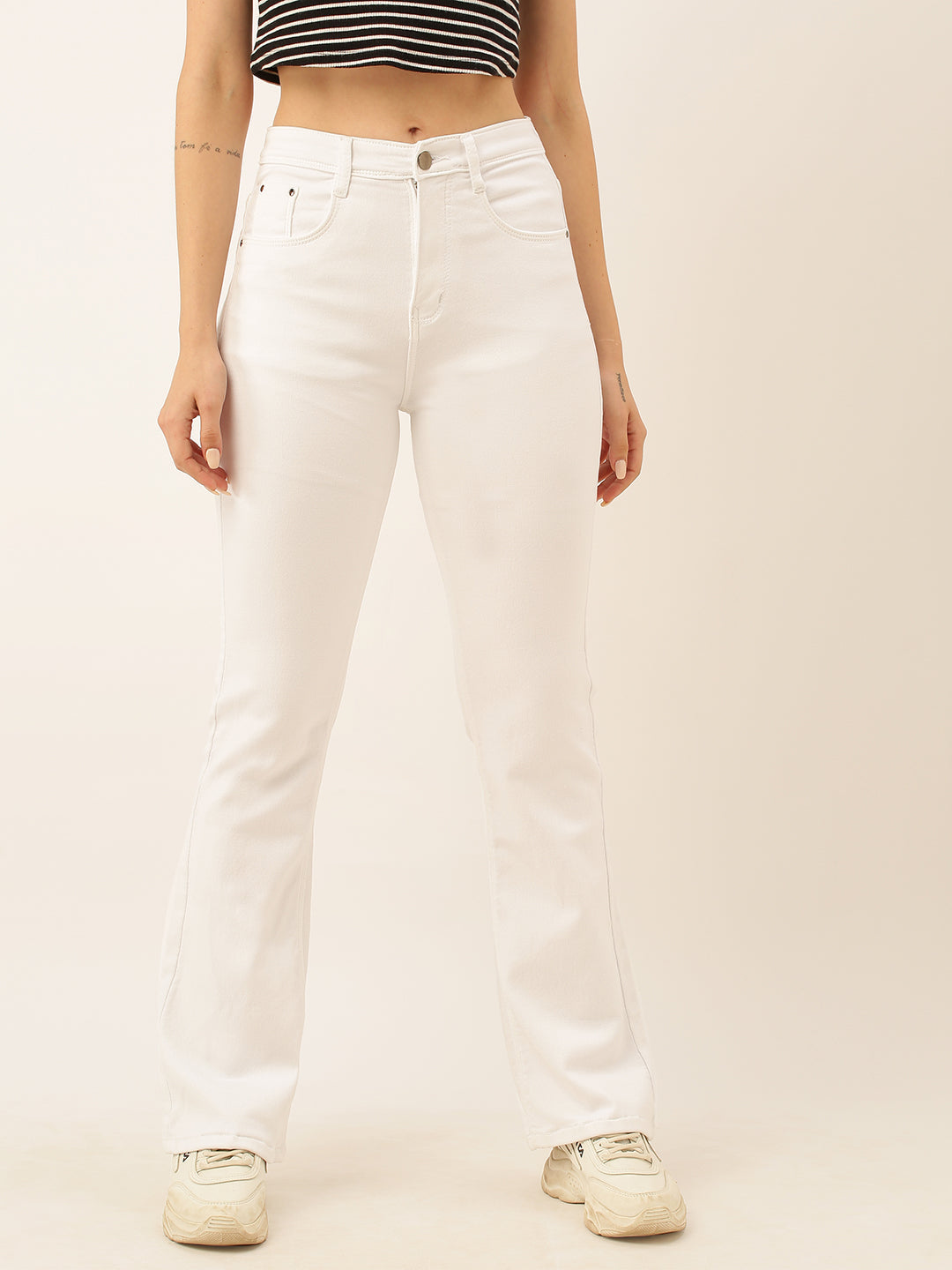 ZOLA Exclusive Denim Clean Look Stretchable Frayed Hems White Boot Cut Jeans For Women