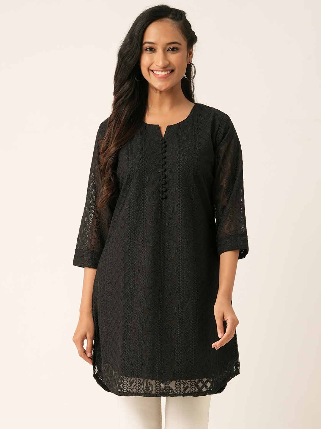 Black Paisley Embroidered Georgette Lucknowi Chikankari Thigh Length Tunic For Women - ZOLA