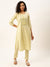 ZOLA Exclusive Round Neck Rayon All Over Yarn Dyed Stips With Embroidery PistaGreen Straight Kurta Set For Women