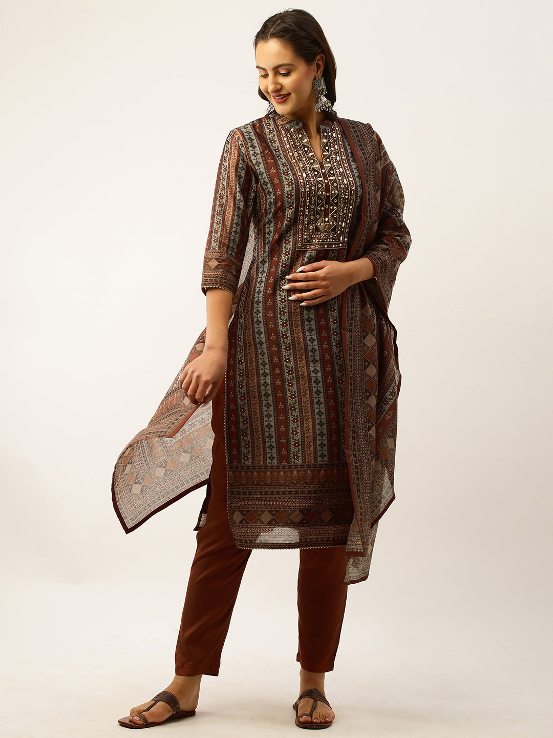 Floral Print Rust Kurta Set With Dupatta For Women