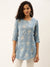 Round Neck Rayon All over Block Print Blue Straight Tunic For Women