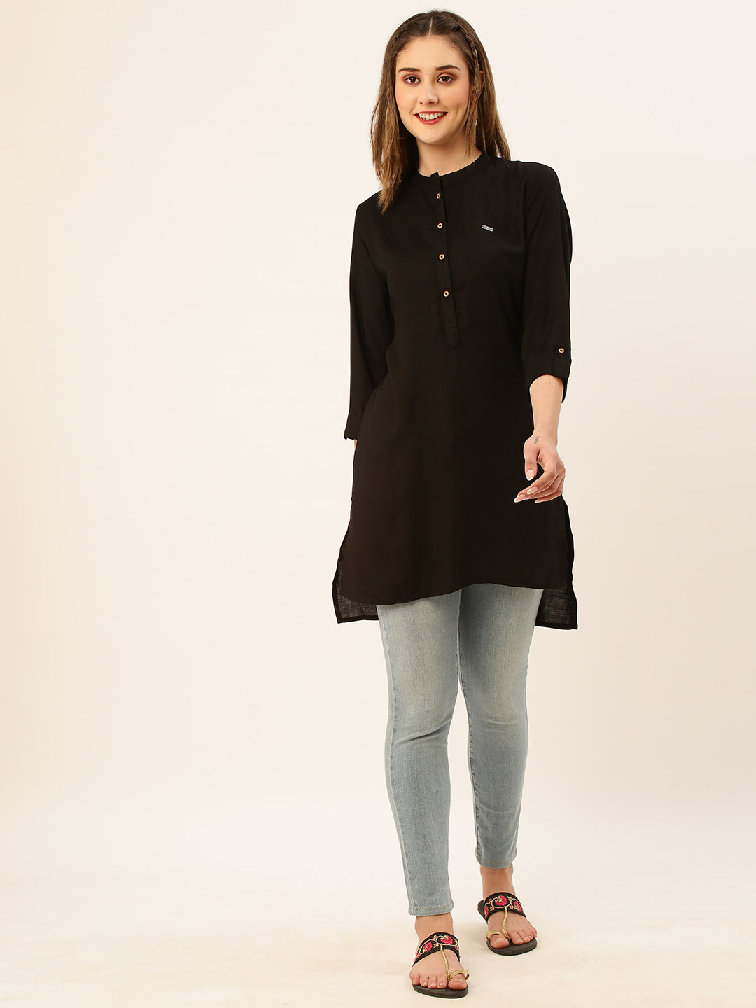 Mandarin Collar Rayon Solid Black Straight Tunic For Women