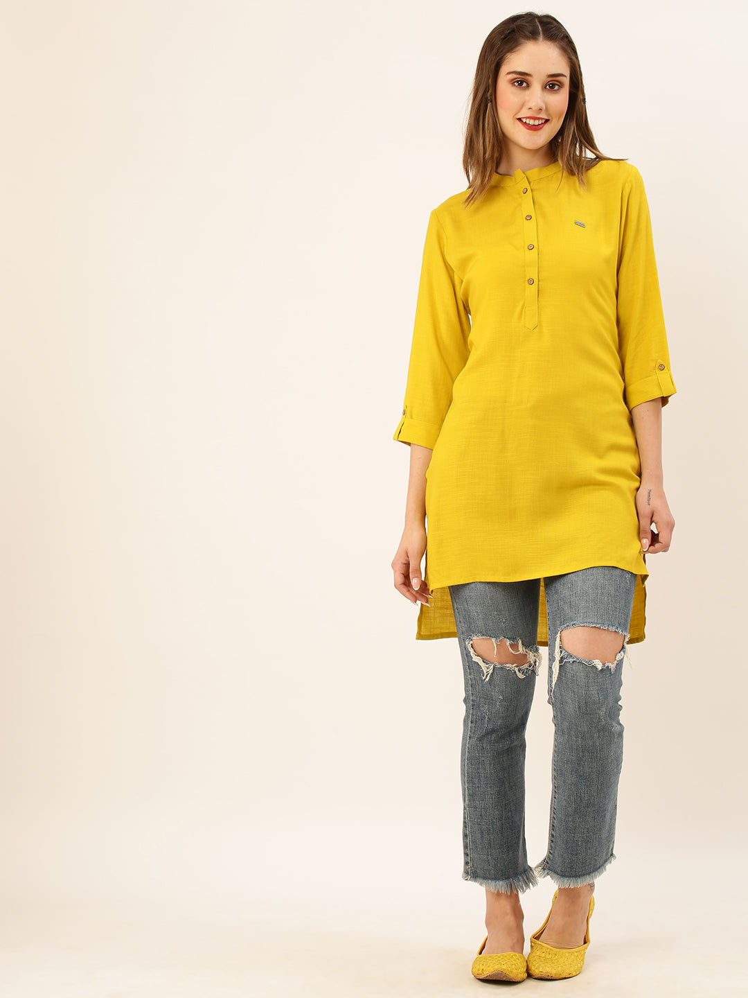 Mandarin Collar Rayon Solid Mustard Straight Tunic For Women