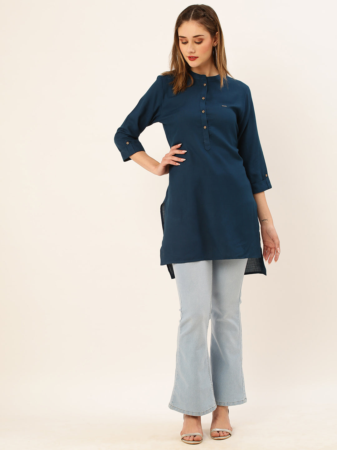 Mandarin Collar Rayon Solid Teal Straight Tunic For Women