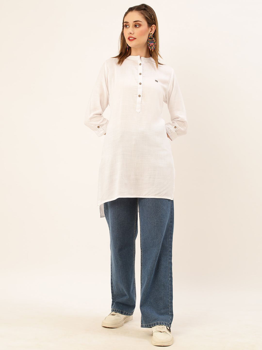 Mandarin Collar Rayon Solid White Straight Tunic For Women