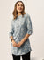 ZOLA Exclusive Mandarin Collar Rayon All Over Floral Dabu Print Blue Straight Tunic For Women