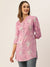 Mandarin Collar Rayon All Over Floral Print Pink Straight Tunic For Women