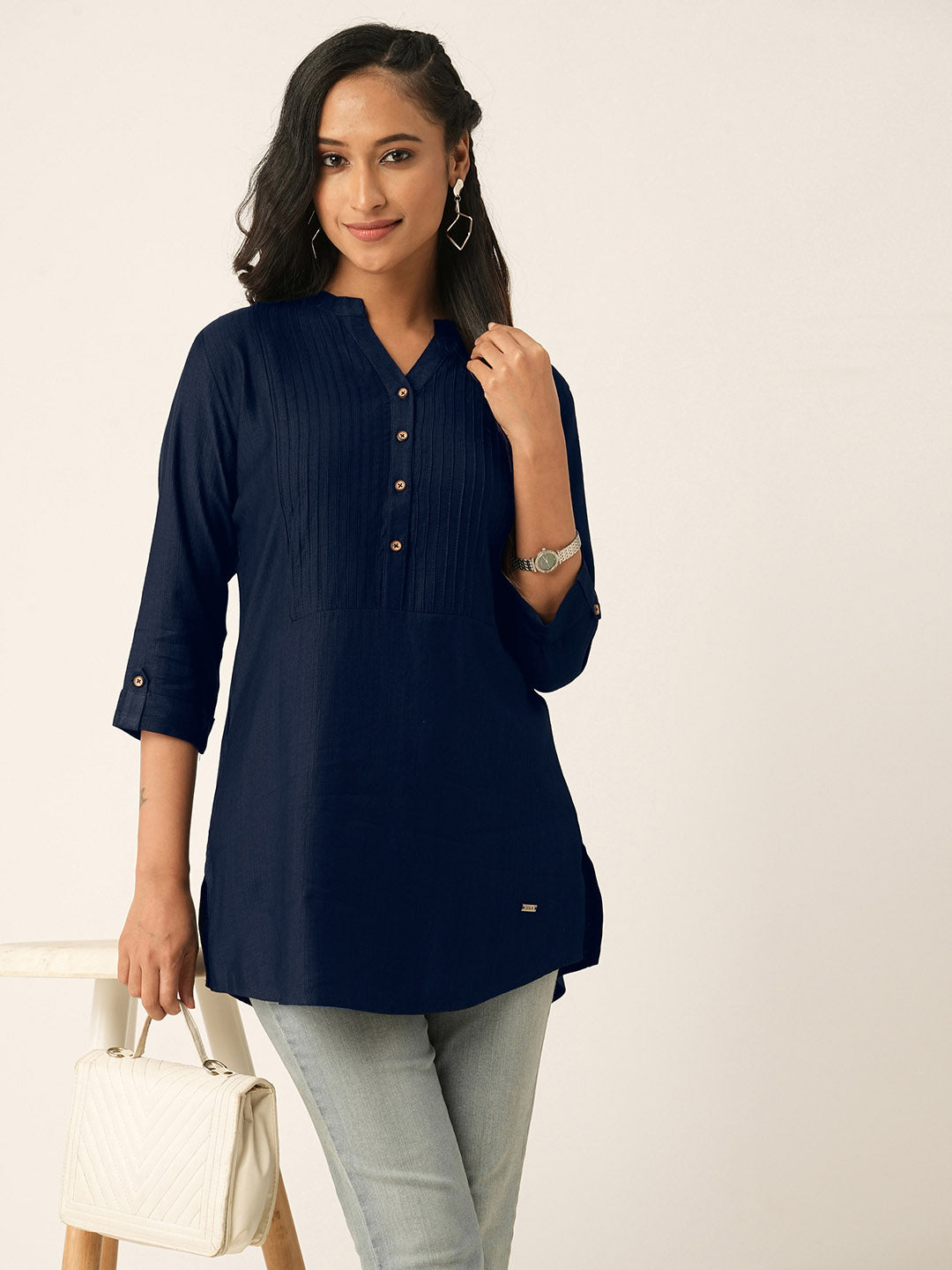 Navy Blue Comfort Fit Rayon Tunics for Women