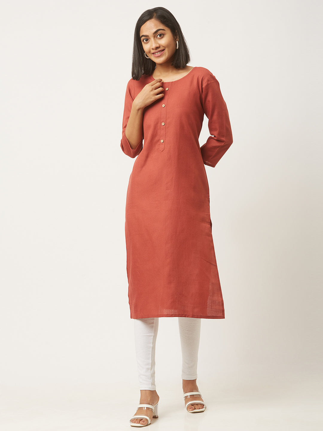 Orange Cotton Straight Solid Coloured Kurti With Pockets For Women