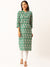 Zola Cotton Mandarin Collar 3/4th Sleeves Green Block Print Ethnic Wear Kurta For Women