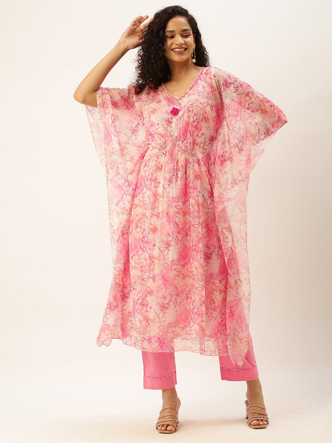 V neck Georgette Floral n Funa Print Pink  Kaftan Set For Women