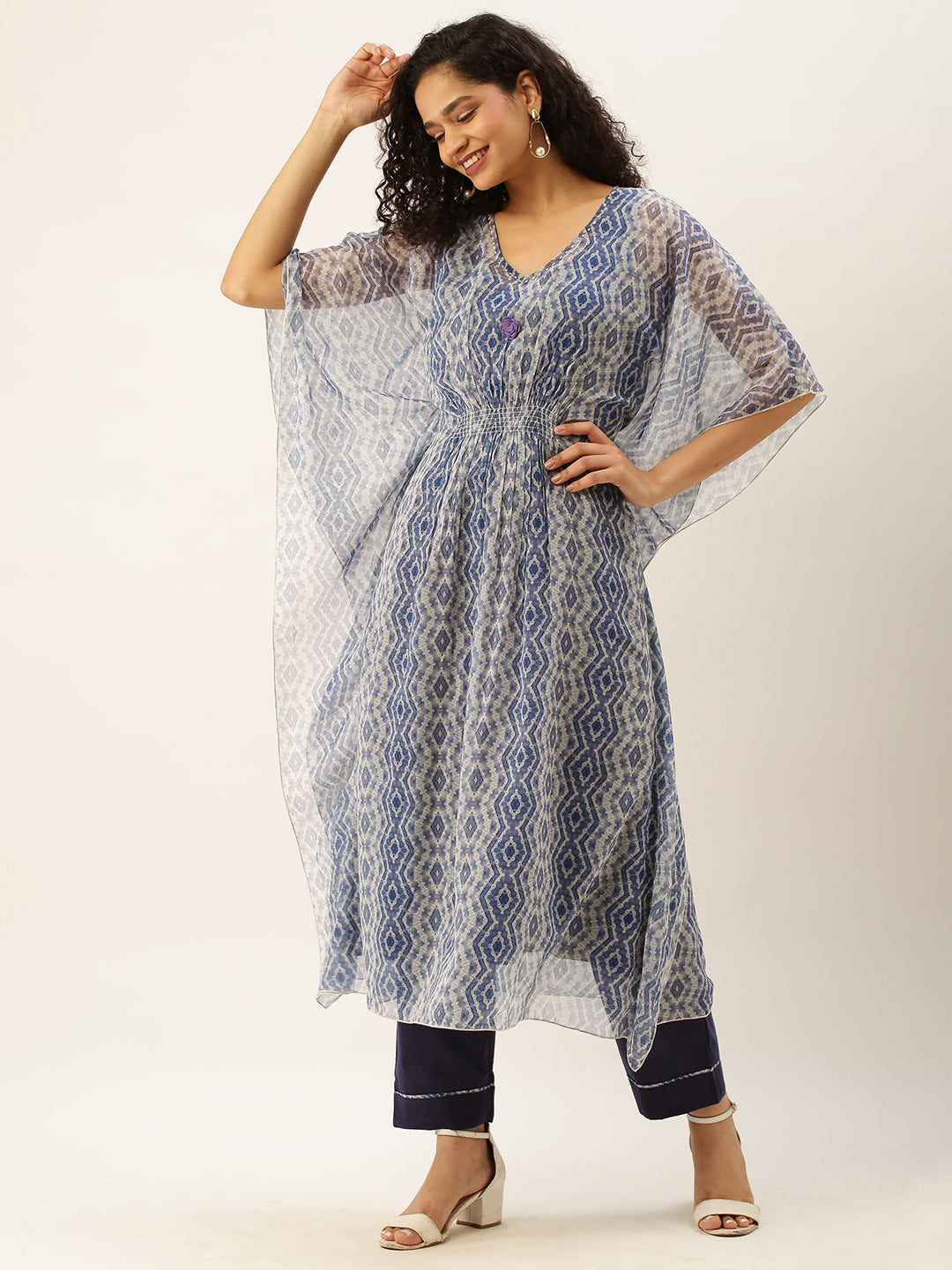 V neck Georgette All Over Geometrical Print Blue Loose fit Kaftan Set For Women