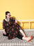 ZOLA Exclusive V-Neck Georgette Floral Print Black Fit & Flare Kaftan Set with PantsFor Women