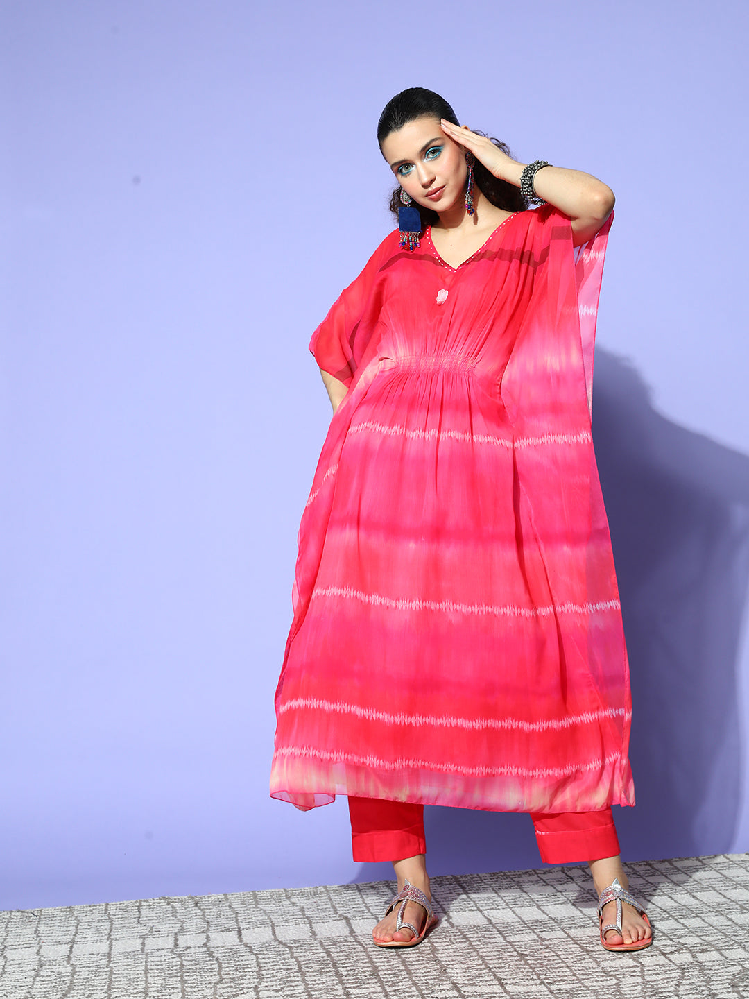 Hot Pink Fit & Flare Kaftan Set with Pants For Women