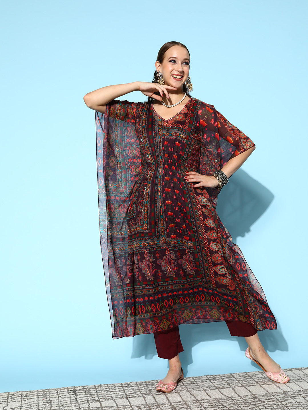 Multi Color Abstract Print Wine Flared Kaftan Set For Women