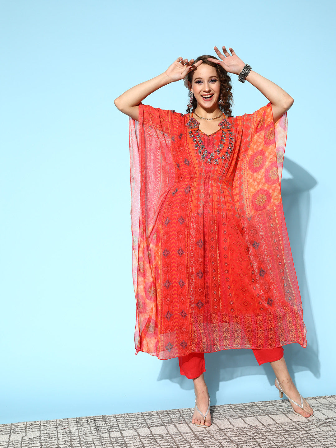 Abstract Print Orange Flared Kaftan Set For Women