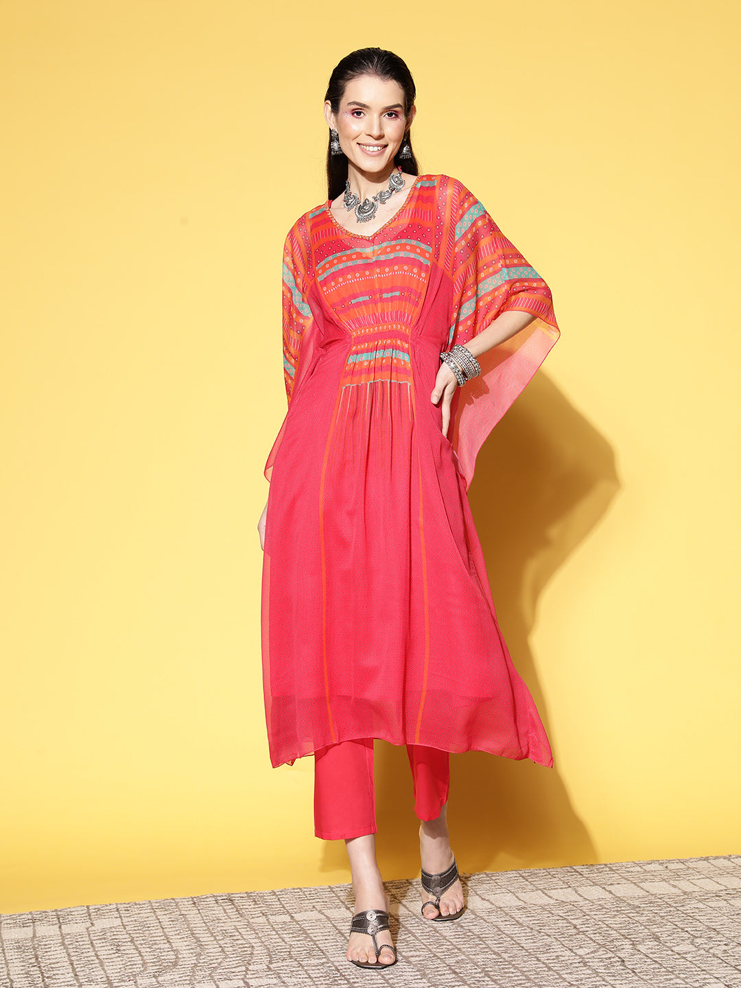 V Neck Chiffon All over Colorful Geometric Print Pink Fit & Flare Kaftan Set For Women