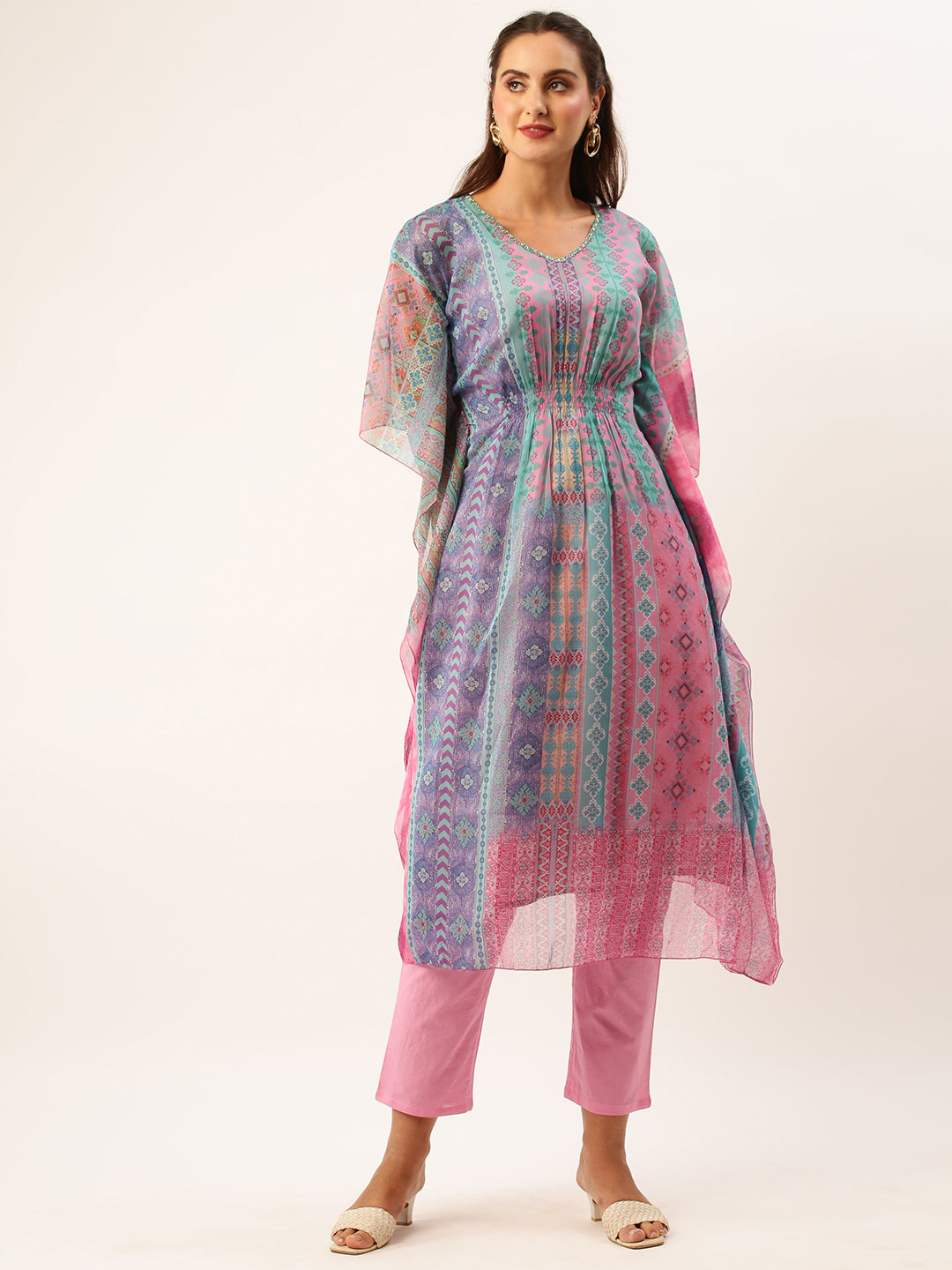 V Neckline Chiffon All over Mixed Prints Pink Loose fit Kaftan set For Women - ZOLA