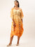 ZOLA Exclusive V Neckline Chiffon All over Ikat Print Kimono Sleeves Yellow Fir & Flare Kaftan For Women
