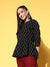 Mandarin neck Cotton Butti Print Hip Length 3/4th Sleeves Black Flared Tunic For Women