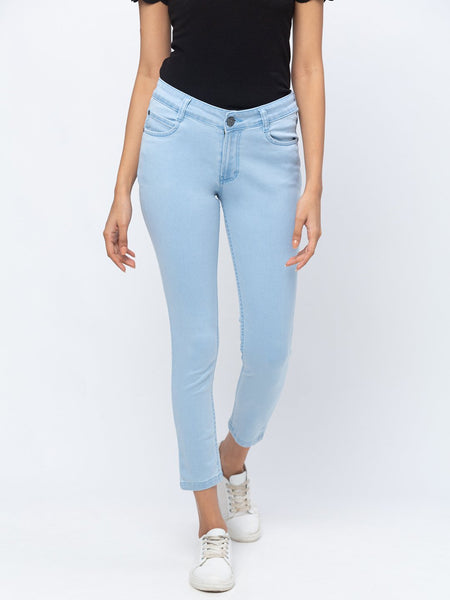 Denim Mid Rise Ice Blue Solid Regular Fit Jeans for Women - Zola
