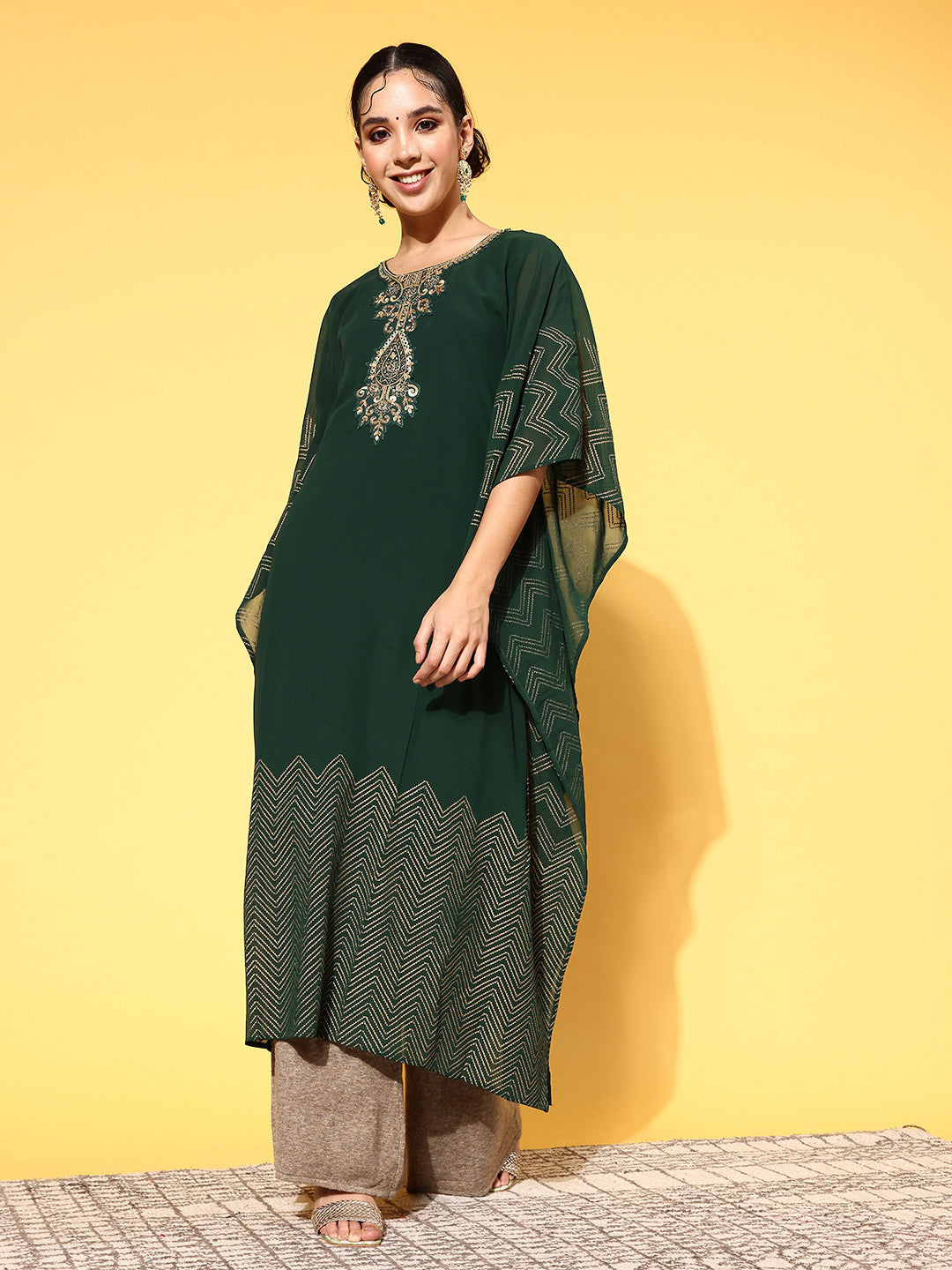 Bottle Green Round Neck Kimono Sleeve hand embroidery Ethnic Wear Kaftan for Women - ZOLA