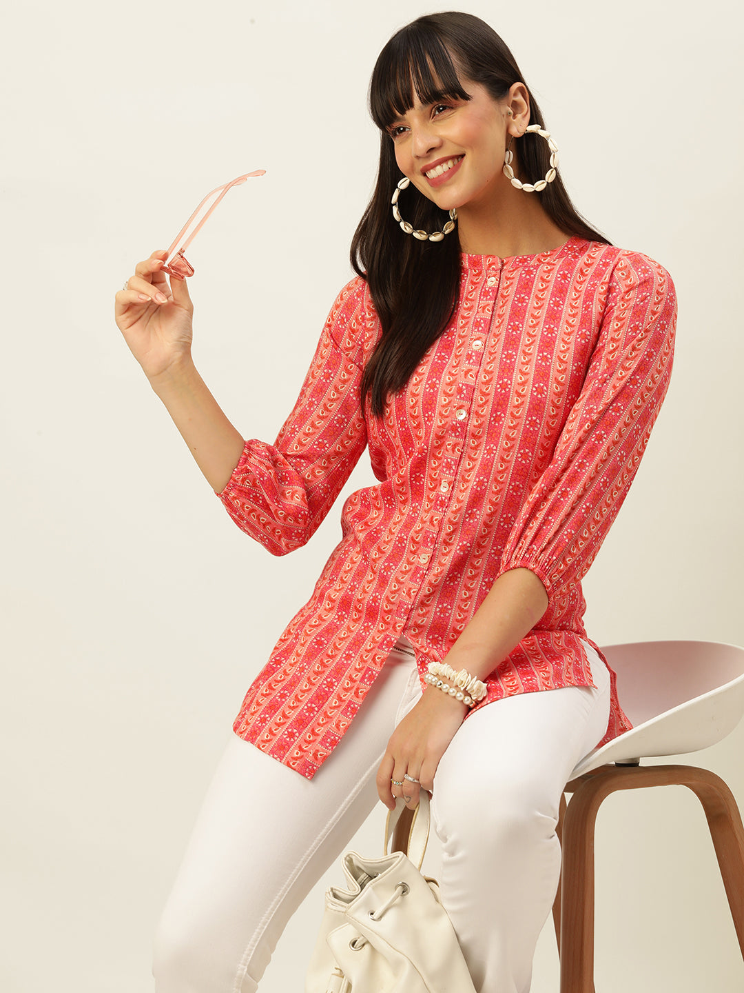 Mandarin Collar Rayon All over traditional ethnic Print Pink Tunic For Women