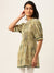 ZOLA Mandarin Collar Muslin All over dabu Print 3/4th Sleeves Green Fit n flare Tunic For Women