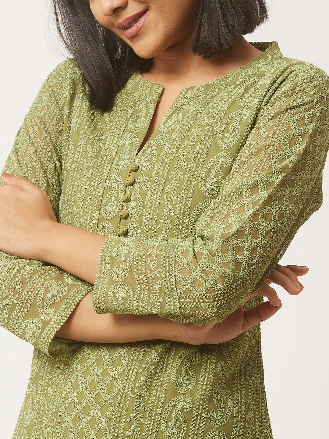 Blended Cotton Solid Kurti in Olive Green | Kurti For Women - Karmaplace