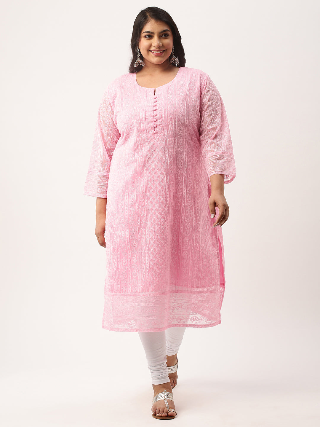 Baby Pink Plus Size Georgette Ethnic Wear Kurta For Women