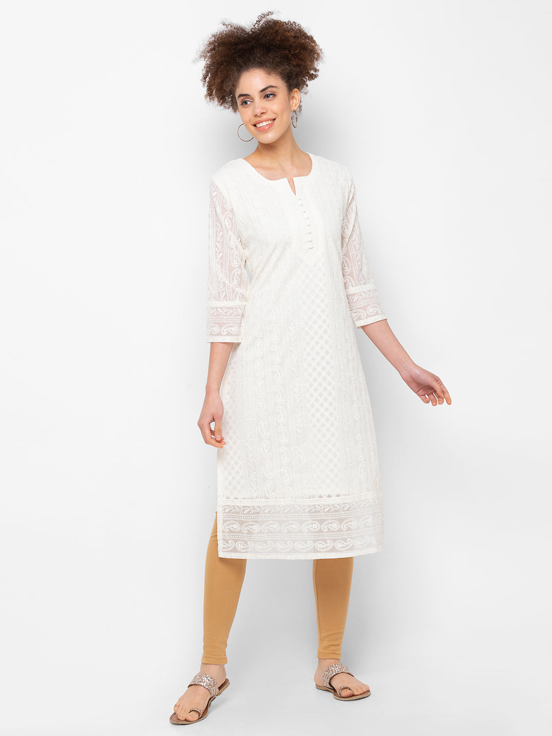 Cream Georgette Lucknowi Chikankari Kurta For Women