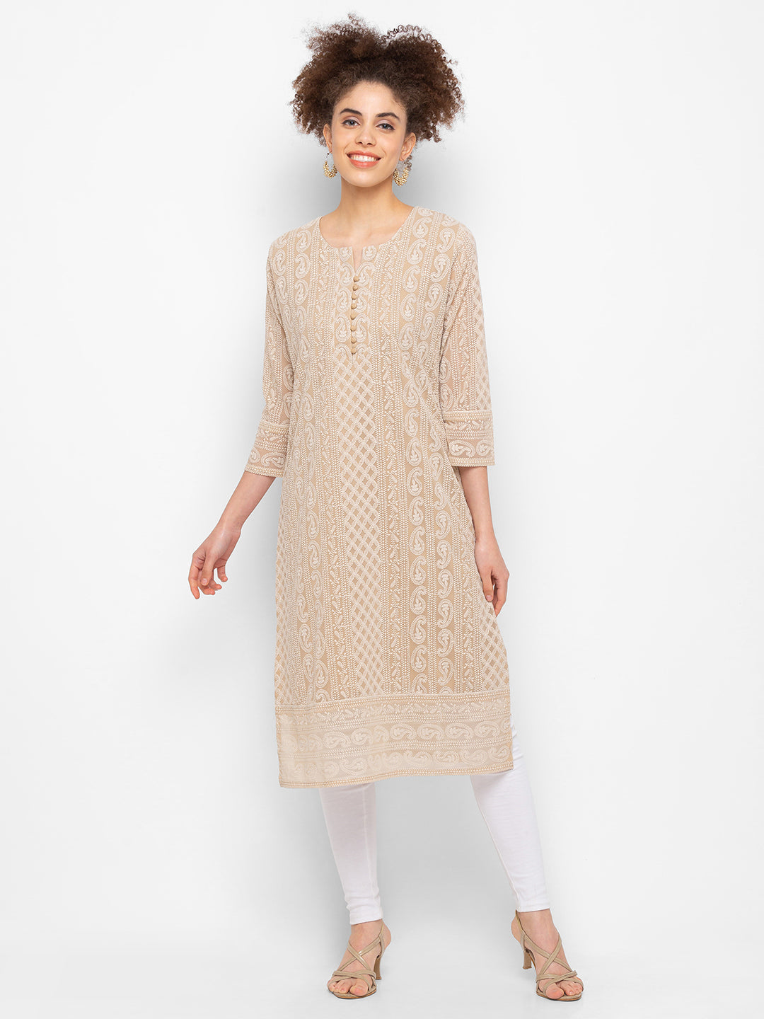 Fawn Paisley Embroidered Georgette Lucknowi Chikankari Kurta For Women