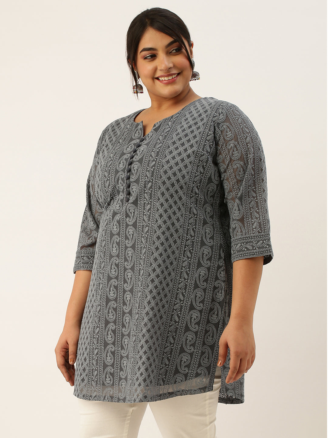 Grey Georgette Lucknowi Chikankari Tunic For Women