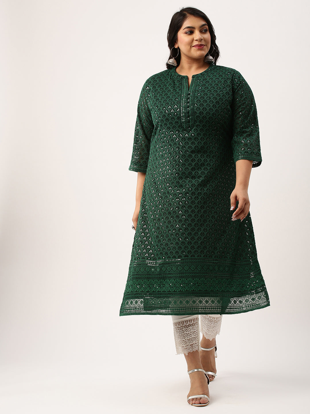 Bottle Green Georgette Chikankari Embroidery Ethnic Wear Kurta for Women