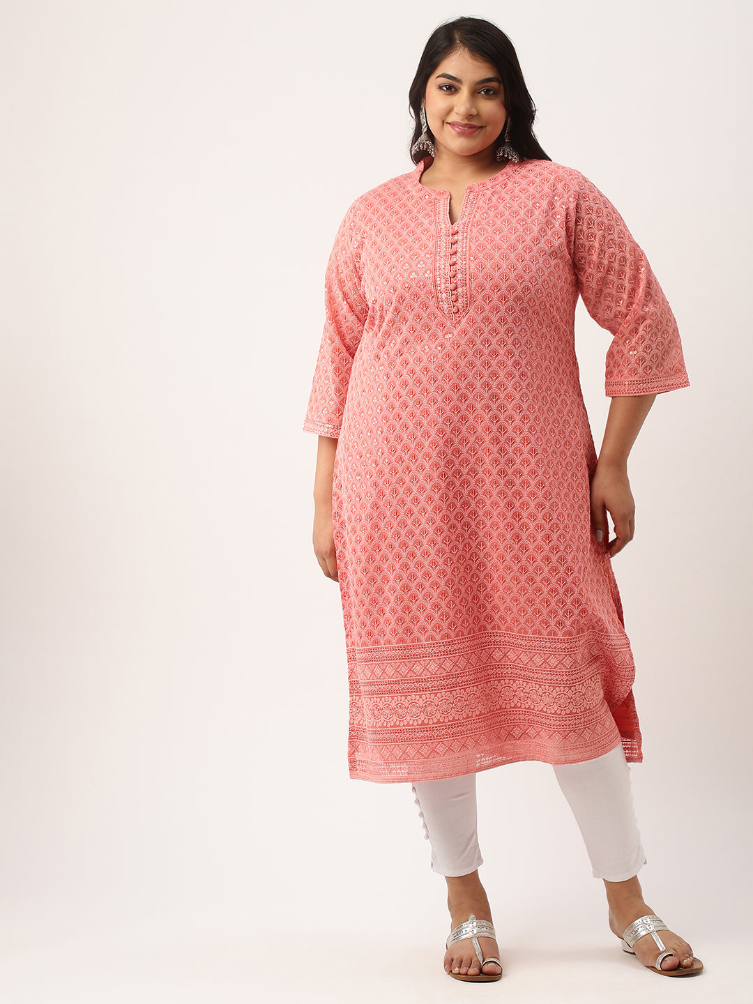 Carrot Chikankari Embroidery Plus Size Kurta for Women