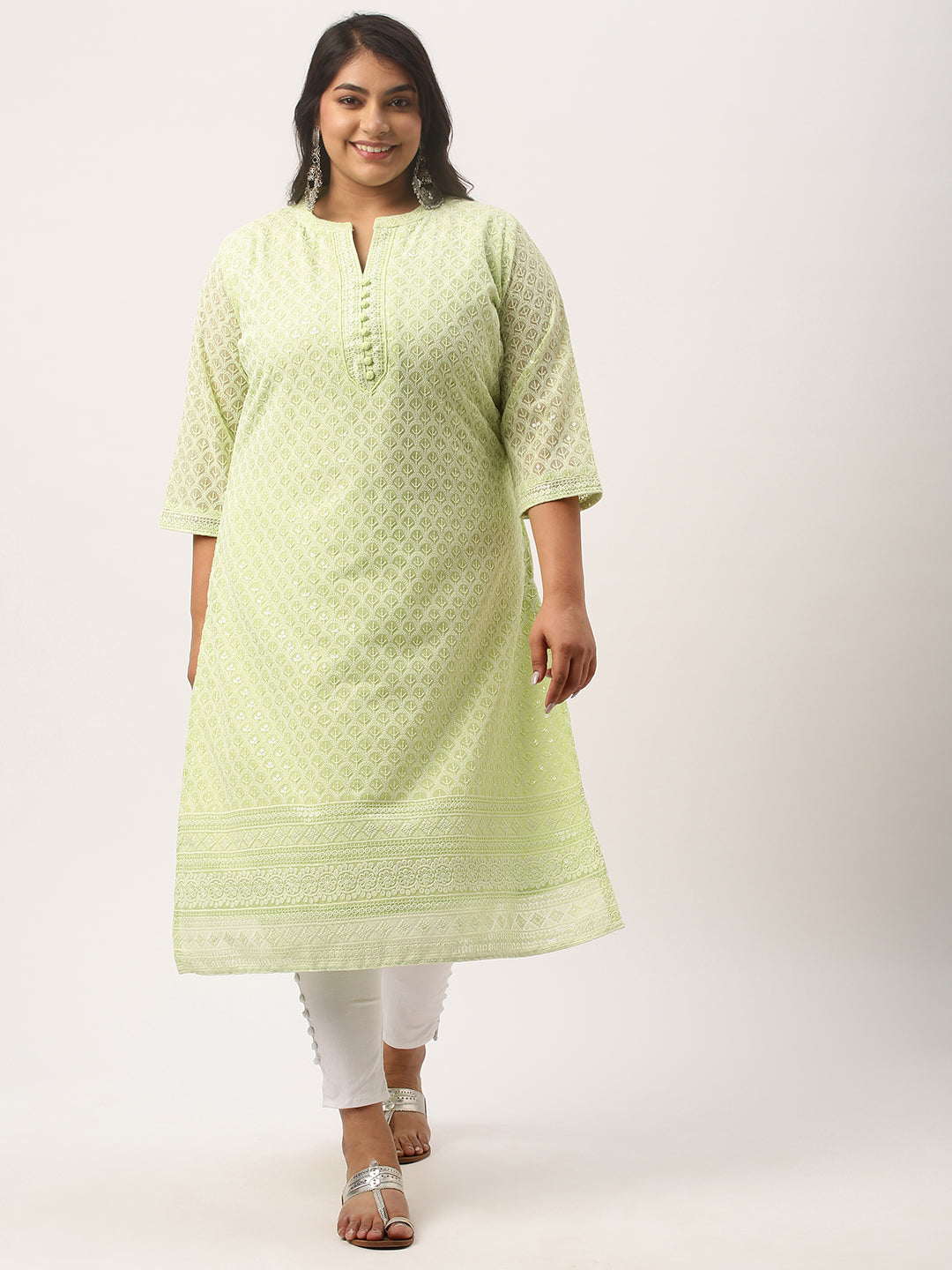 Light Green Plus Size Chikankari Embroidery Kurta for Women