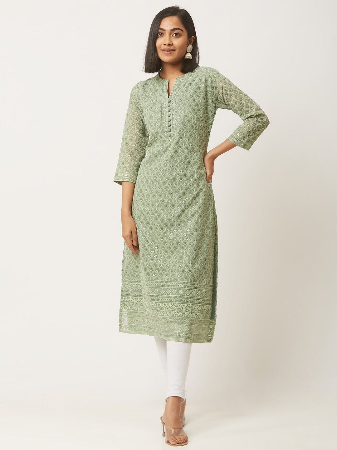 Mehandi Chikankari Embroidery Ethnic Wear Kurta for Women