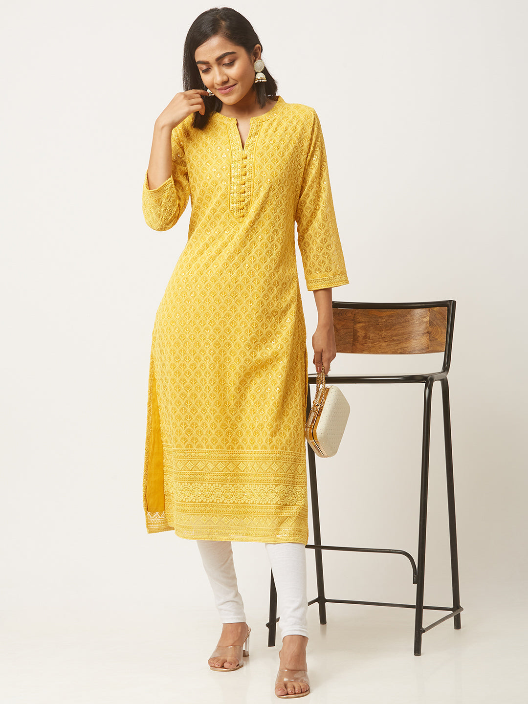 Mustard Chikankari Kurta for Women