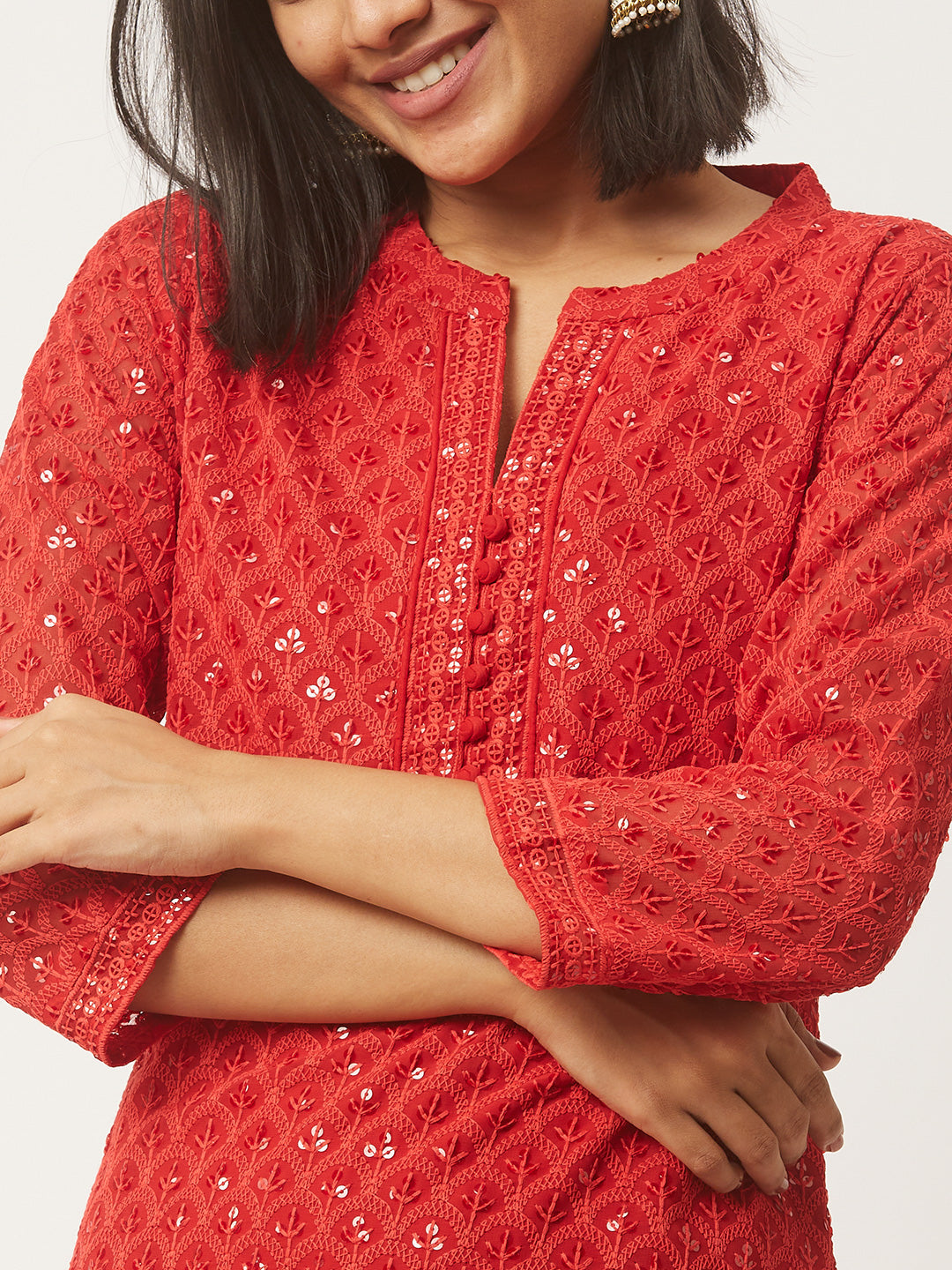 Red Chikankari Embroidery Kurta for Women