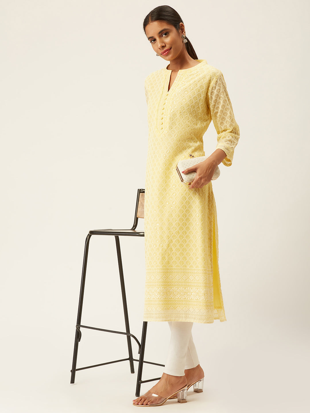 Yellow Chikankari Embroidery Ethnic Wear Kurta for Women