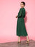 ZOLA  Mandarin Collar Georgette All Over Chikankari Embroidery Bottle Green Flared Dress For Women