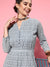 ZOLA  Mandarin Collar Georgette All Over Chikankari Embroidery Grey Flared Dress For Women