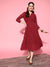ZOLA  Mandarin Collar Georgette All Over Chikankari Embroidery Maroon Flared Dress For Women