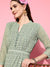 ZOLA  Mandarin Collar Georgette All Over Chikankari Embroidery Mehandi Flared Dress For Women