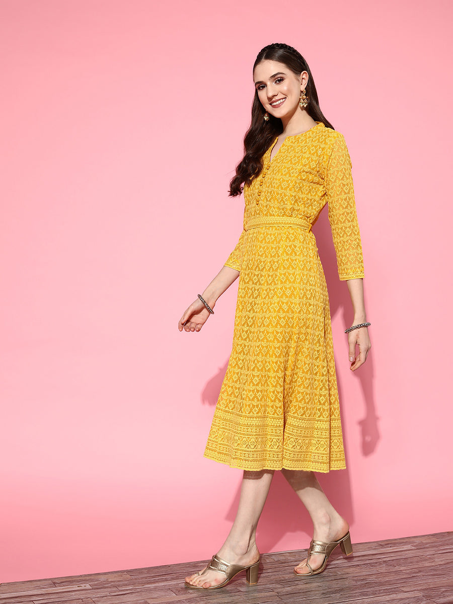 Chikankari Embroidery Mustard Dress For Women Zola