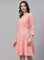 ZOLA  Round Neck Georgette All Over Chikankari Embroidery Peach Flared Dress For Women