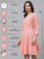 ZOLA  Round Neck Georgette All Over Chikankari Embroidery Peach Flared Dress For Women
