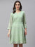 ZOLA  Round Neck Georgette All Over Chikankari Embroidery Pista Green Flared Dress For Women